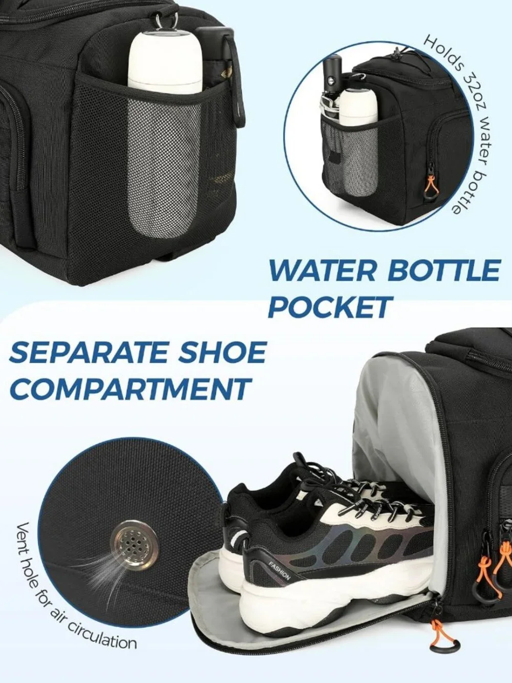 Versatile 45L Gym Duffle Backpack for Travel & Sports, Shoe Compartment, Wet